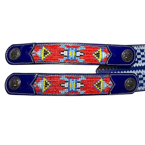 VINTAGE Southwestern Aztec Pattern Wide Double Buckle Leather and Seed Bead Belt main image 4